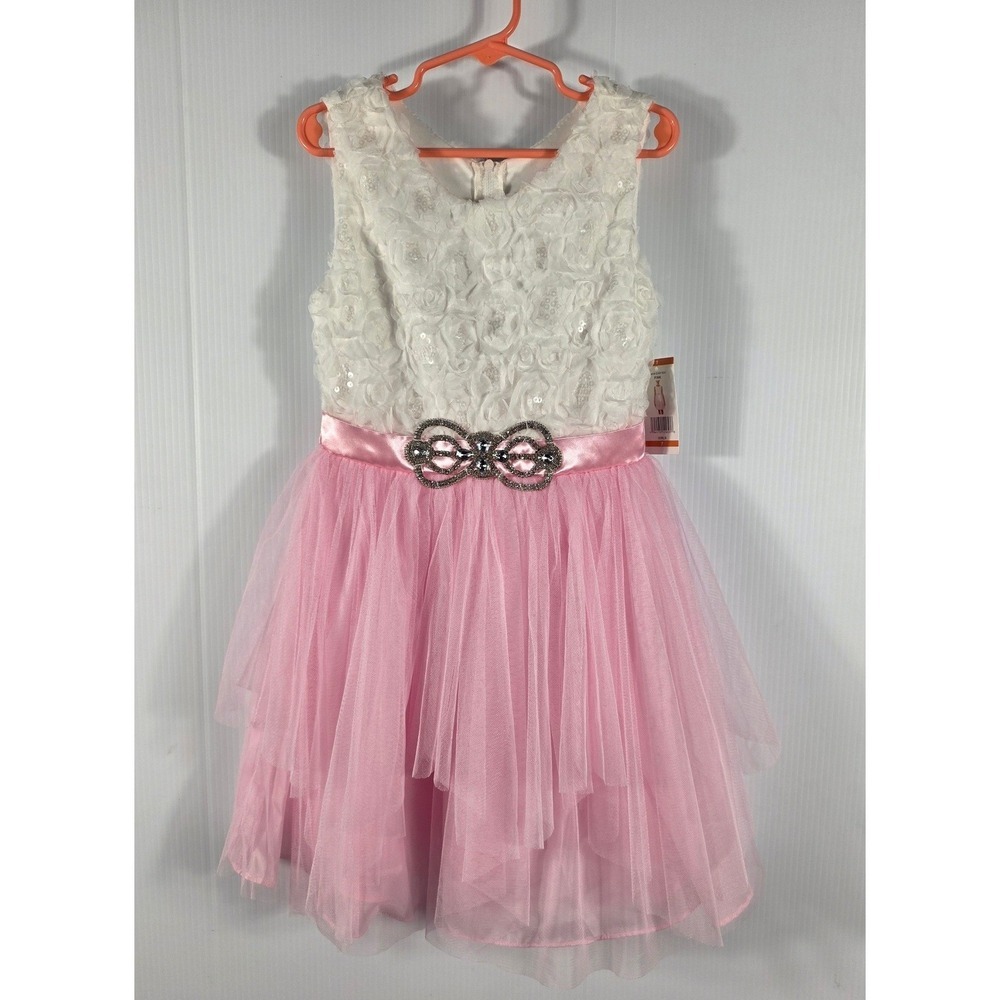New Emily Rose Girls Pink Tulle Dress Embellished Bow Sequins Size 7